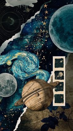 an artistic collage with space and stars on it, including the planet in the background