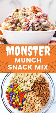 monster snack mix in a white bowl on top of a plate with the words monster munch snack mix