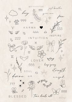 the back side of a sheet of paper with writing on it and flowers, butterflies, hearts