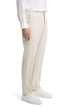 Breezy linen means a fresh fit in these modern trousers that are a classic for the sunnier seasons. 37" inseam; 16" leg opening; 10 1/2" front rise; 16" back rise (size 36) 100% linen Dry clean Imported Linen Trousers, Fit In, Sunnies, Dry Clean, Nordstrom, Trousers, Trim