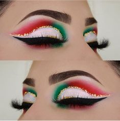 16 De Septiembre Makeup Ideas, Mexican Makeup Look, Mexican Makeup, Xmas Makeup, Christmas Eyeshadow, Christmas Eye Makeup, Rhinestone Makeup, Christmas Makeup Look, Barbie Makeup