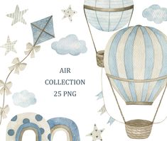 an air balloon is flying in the sky with stars and clouds around it, as well as other objects