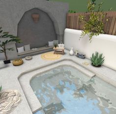 a large hot tub sitting next to a plant and potted plant on top of it