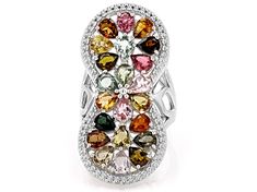 6.55ctw Pear Shape Multicolor Tourmaline With 0.01ctw Round White  Diamond Accent Rhodium Over Sterling Silver Ring. Measures Approximately 0.78"L x 1.78"W. Not sizeable. Color And Pattern Varies. Multicolor Tourmaline Rings With Gemstone Accents, Multicolor Tourmaline Rings With Accent Stones, Oval Multicolor Tourmaline Rings, Multicolor Oval Tourmaline Rings, Multicolor Tourmaline Gemstones For Fine Jewelry, Multicolor Tourmaline Gemstones Fine Jewelry, Multicolor Tourmaline Fine Jewelry, Pear Shape, White Diamond