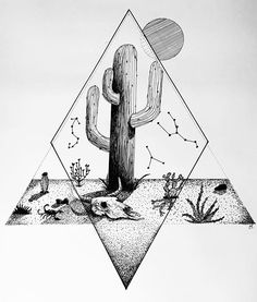 a black and white drawing of a cactus in the middle of a desert with other plants