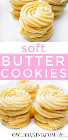 soft butter cookies on a white plate with the words, soft butter cookies above it