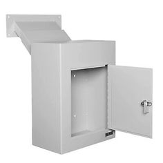 a white wall mounted cabinet with an open door and key lock on the left side