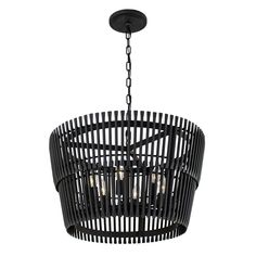 a black chandelier with four lights hanging from it's center circle shape