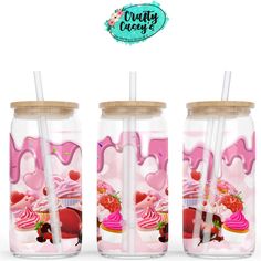 three glass tumblers with straws on them are decorated with cupcakes and cherries