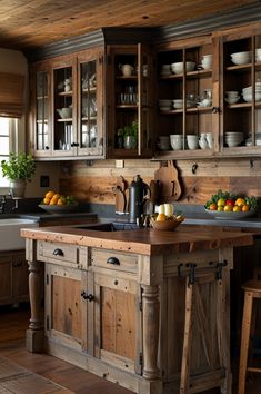 a kitchen with wooden cabinets and an island in the middle, surrounded by wood flooring