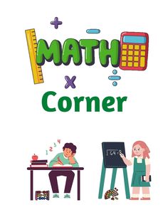 a poster that says math and corner with two people sitting at a desk in front of it