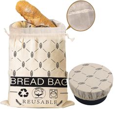 a bag with bread in it next to a round object