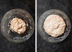 two bowls with dough in them on a black surface