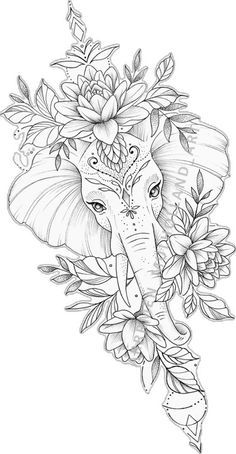 an elephant with flowers on its head and leaves around it's neck, in black and white