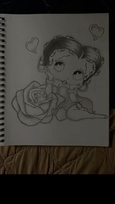 a drawing of a girl holding a rose on top of a bed with hearts above her head