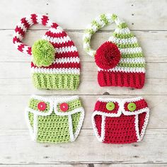 three crocheted hats, one with green and red pom - poms