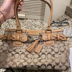 Brand New Great Condition Never Used Coach Purse/Shoulder Bag Coach Beige Shoulder Bag With Leather Handles, Green Coach Purse, Coach Leather Bag, Grey Shoulder Bag, Tan Fabric, Coach Tote Bags, Fabric Handbags, Vintage Coach Bags, Coach Tote