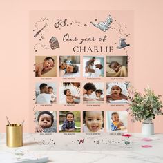 a baby's first year photo collage on a table