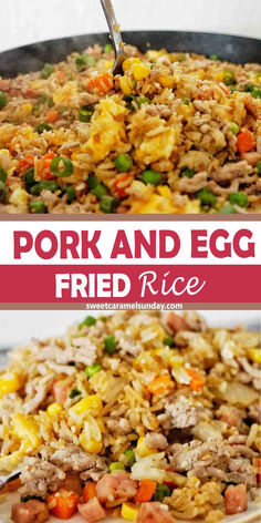 Fork in large black pan of pork fried rice. There is text written between 2 images. Healthy Pork Fried Rice Recipe, Ground Pork Fried Rice Recipe, Pork And Rice Recipes Stir Fry, Pork And Yellow Rice Recipes, Easy Pork Fried Rice With Egg, Pork Fried Rice Recipe Authentic, Ground Pork Fried Rice, Pork Fried Rice Easy, Fried Rice With Pork