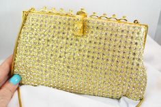 Stunning Vintage Gold Color and Rhinestone Purse La Regale Ltd Hand Made in Hong Kong Convertible Clutch or Shoulder Bag Runway Ready Yellow Gold Rectangular Shoulder Bag, Elegant Yellow Gold Rectangular Shoulder Bag, Luxury Gold Shoulder Bag With Rhinestones, Gold Handheld Bags With Rhinestones, Yellow Gold Rectangular Party Bag, Gold Evening Bag With Rhinestones For Formal Events, Gold Evening Bag With Rhinestones For Formal Occasions, Gold Rhinestone Evening Bag For Formal Occasions, Gold Wedding Bag With Gold-tone Hardware