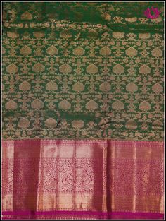 A Kanchipuram silk saree in a lush green shade, featuring intricate floral brocade designs is accentuated with a delicate pink border and pallu. This combination creates a captivating blend of colors and textures. The vibrant green tone symbolize freshness and vitality, while the floral brocade detailing adds an element of traditional charm and elegance. The gentle pink border infuses a soft and feminine touch, completing the graceful and natural aesthetic. Further, the floral and fauna motifs o Transitional Green Saree With Zari Work, Green Transitional Raw Silk Traditional Wear, Transitional Green Raw Silk Traditional Wear, Elegant Green Zari Weaving Traditional Wear, Transitional Green Raw Silk Saree, Elegant Green Traditional Wear With Zari Weaving, Transitional Green Art Silk Saree, Dark Green Traditional Wear With Cutdana For Diwali, Transitional Season Green Raw Silk Saree