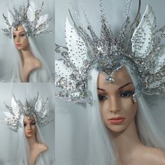 No Allergies Aurora Borealis Winter Snow Queen Angel Wings icicles Headdress headpiece crown Yule Christmas Drag Queen Cosplay Costume by MDeLorien on Etsy Clothing Customization, Snow Queen Costume, Christmas Headdress, Yule Christmas, Witch Dolls, Queen Cosplay, Fantasy Crown, Ramp Walk, Diy Wings