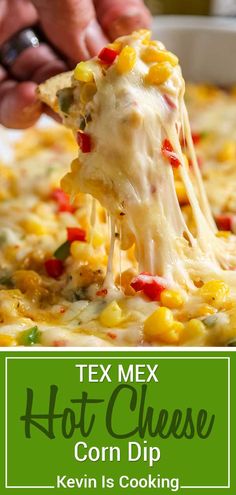 a close up of a cheesy corn casserole being lifted with a spatula