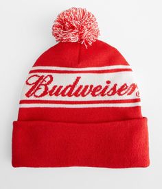 a red budweiser beanie with the budweiser logo on it