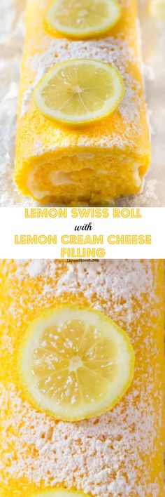 lemon swiss roll with powdered sugar on top and sliced lemons on the bottom