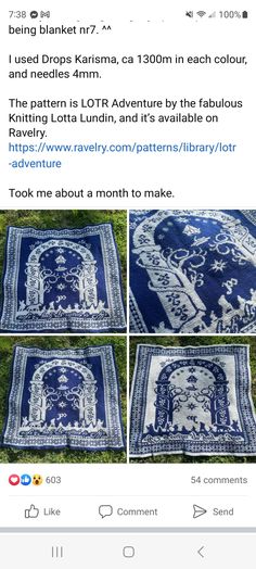 an image of a blue and white rug on the ground with other pictures above it