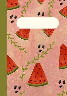 watermelon slices on pink background with green leaves and black dots in the middle