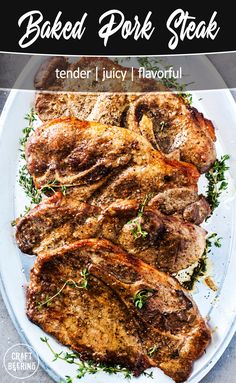 grilled pork steak on a white plate with parsley garnish and text that reads baked pork steak tender juicy flavor