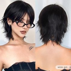 🌟 Short Mullet Head Wigs with Bangs - Synthetic Straight Women Black Short Hair Wig. Perfect for daily wear, parties, and cosplay, this stylish black mullet wig offers a trendy and edgy look. ✨ This synthetic wig features a short mullet cut with bangs, providing a unique and fashionable hairstyle. Its straight texture and black color make it versatile for various occasions, ensuring you stand out with confidence and style. 💖 Whether for a casual day out or a special event, this wig adds a touc Hairstyle For Mullet Hair, Ginger Hair Short Bangs, Short Hair Buzzcut, Short Bob With Long Front Pieces, Short Haircuts Y2k, Medium Hair Styles Bangs, Haircuts For Circle Faces, Short Woman Hairstyle, Short Mullet Haircuts For Women