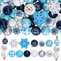 blue and white ornaments with snowflakes on them