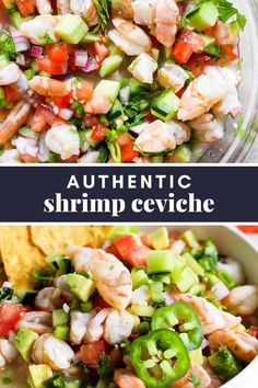 shrimp and avocado salsa in a bowl with tortilla chips on the side