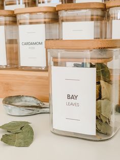 several glass jars filled with leaves on top of a table