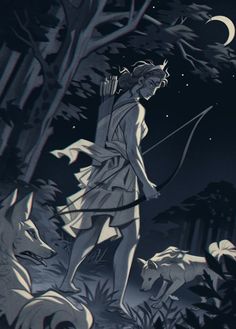 a drawing of a woman with an arrow in the woods