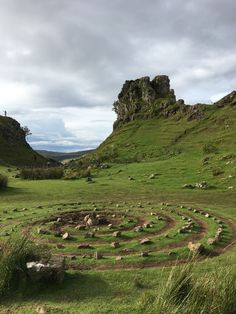 a grassy area with rocks and grass in the middle