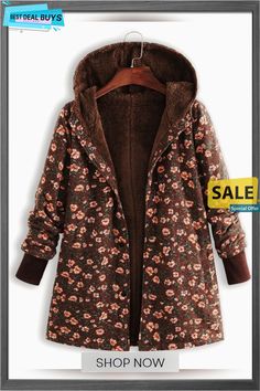 Floral Printed Hooded Long Sleeve Fleece Autumn Winter Coat Brown Spring Hoodie Outerwear, Brown Hoodie For Spring, Brown Hoodie Outerwear For Fall, Brown Hoodie For Fall, Brown Long Sleeve Hooded Winter Jacket, Brown Long Sleeve Hooded Jacket For Fall, Long Sleeve Brown Hooded Jacket For Fall, Brown Cotton Fleece Jacket For Fall, Long Sleeve Fleece-lined Hoodie