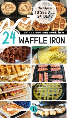 some waffle irons are shown with the words, 24 things you can cook in a waffle iron