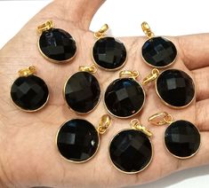 Gold Plated Black Onyx Pendant ,Round Shape , Black Onyx Pendant , Gold Plated Loop Pendant , Gift for her Descriptions:-  Gemstone:-          Black Onyx  Quantity:              10 pc Gemstone Size:       18 x 18 , 15 x15 mm   Metal:                  Brass Shape :-               Round  Plating:                 Brass ( Gold Plating ) Weight:             198 Carats Stone Color -   Black Use For - Women / Girls Metal Gold plated  Material stone Jewelry Loop Pendant Color As seen as picture 100% Gen Loop Pendant, Onyx Gemstone, Fine Jewellery Necklace, Stone Jewelry, Black Onyx, Gold Plating, Gemstone Pendant, Round Shape, Onyx