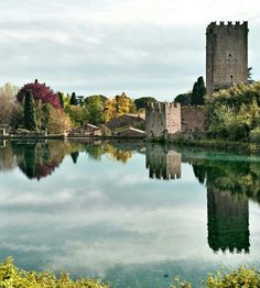 an old castle sits on the edge of a lake surrounded by trees and bushes, with its reflection in the water