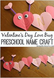 valentine's day love bug preschool name craft for kids to make with paper hearts