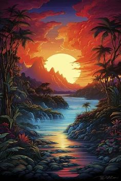 a painting of the sun setting over a river with palm trees and mountains in the background