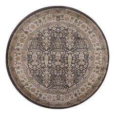 a round rug with an ornate design on the center and sides in brown, beige and white colors