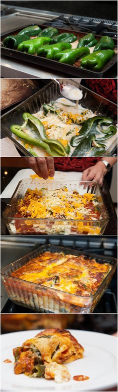 four different views of food being prepared in pans and on plates, including green peppers