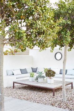 a white couch sitting on top of a wooden floor next to a table and trees