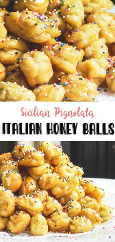 italian honey balls with sprinkles on top and in the background, there is a pile of them