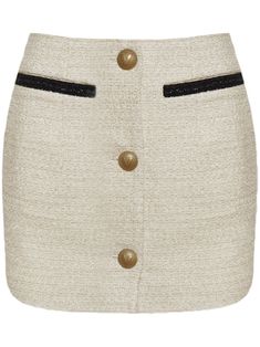 white tweed front button fastening high-waisted logo-engraved buttons two side slit pockets straight hem thigh-length Tweed Mini Skirt, White Tweed, Wardrobe Edit, Tweed Skirt, Iconic Bags, Straight Skirt, Exclusive Fashion, Ballet Flat Shoes, Ski Wear