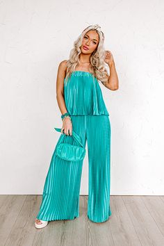 turquoise pleated jumpsuit, strapless Trendy Jumpsuit, Turquoise Men, Pleated Jumpsuit, Women Clothing Boutique, Share The Love, Straight Cut, Feminine Style, Online Womens Clothing, Satin Finish